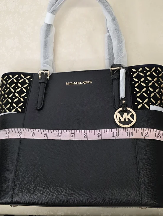 NWT Michael Kors Charlotte Large Top Zip Tote - Black Saffiano with Gold Floral - Picture 9 of 11